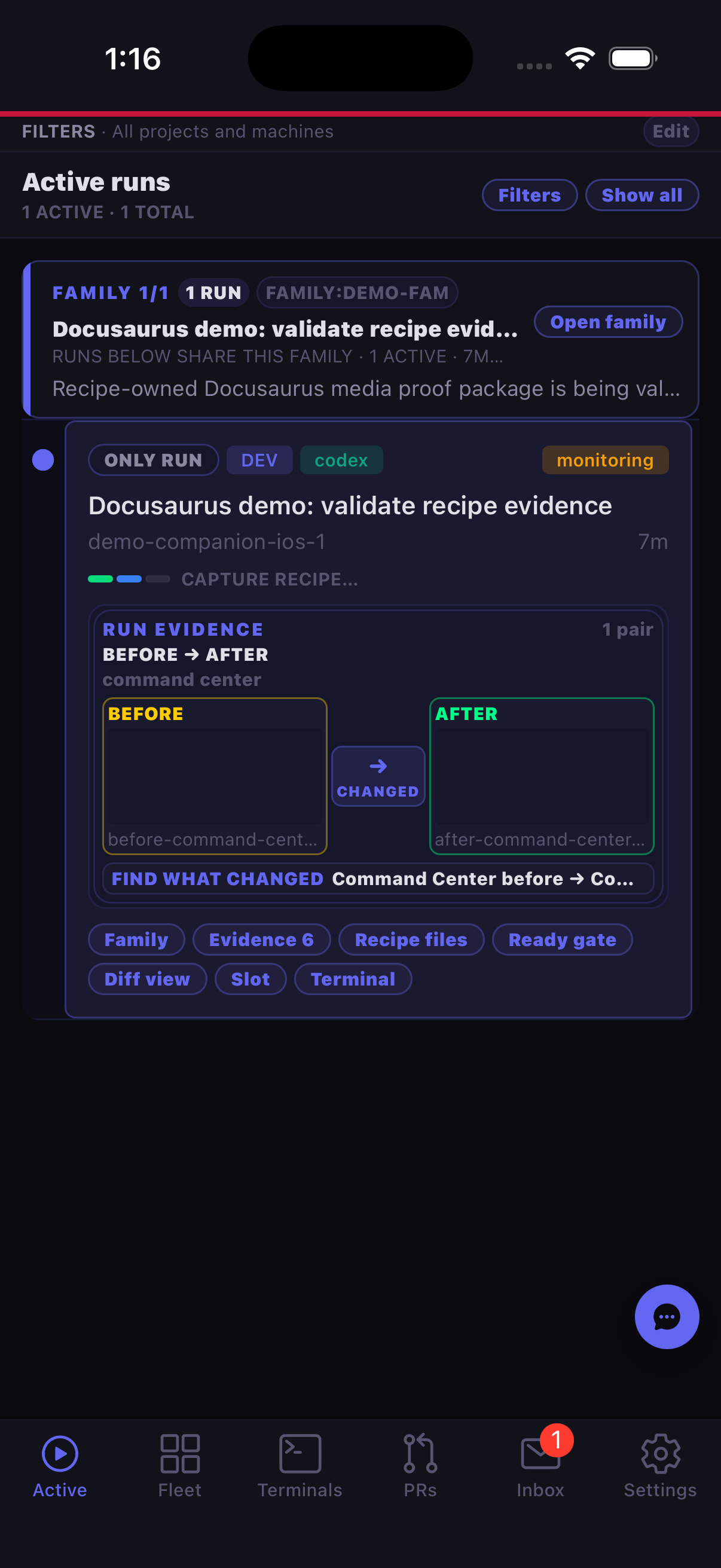 Farmslot Companion mobile app showing active runs with evidence, recipe, diff, slot, and terminal actions